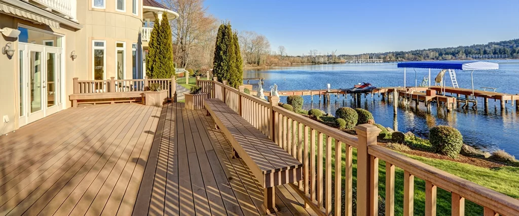 A beautiful wood deck near a dock