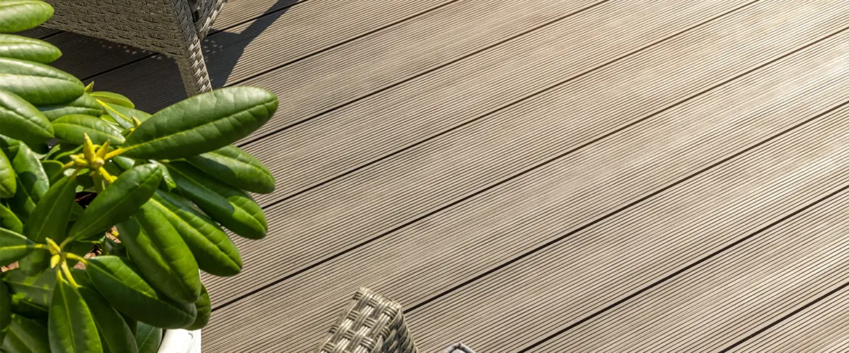 A composite decking with a "greige" color
