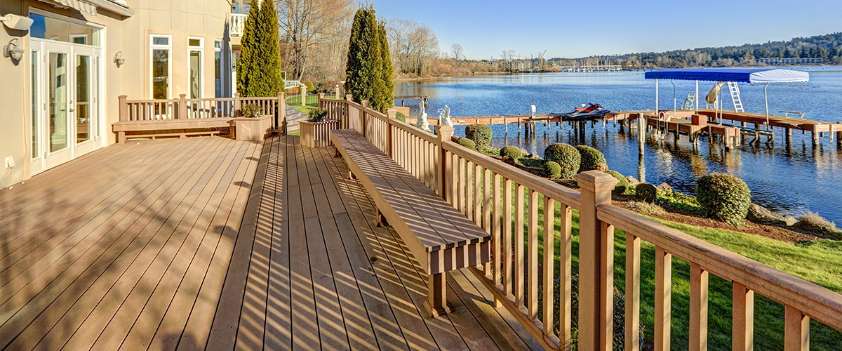 A composite decking with a dock nearby