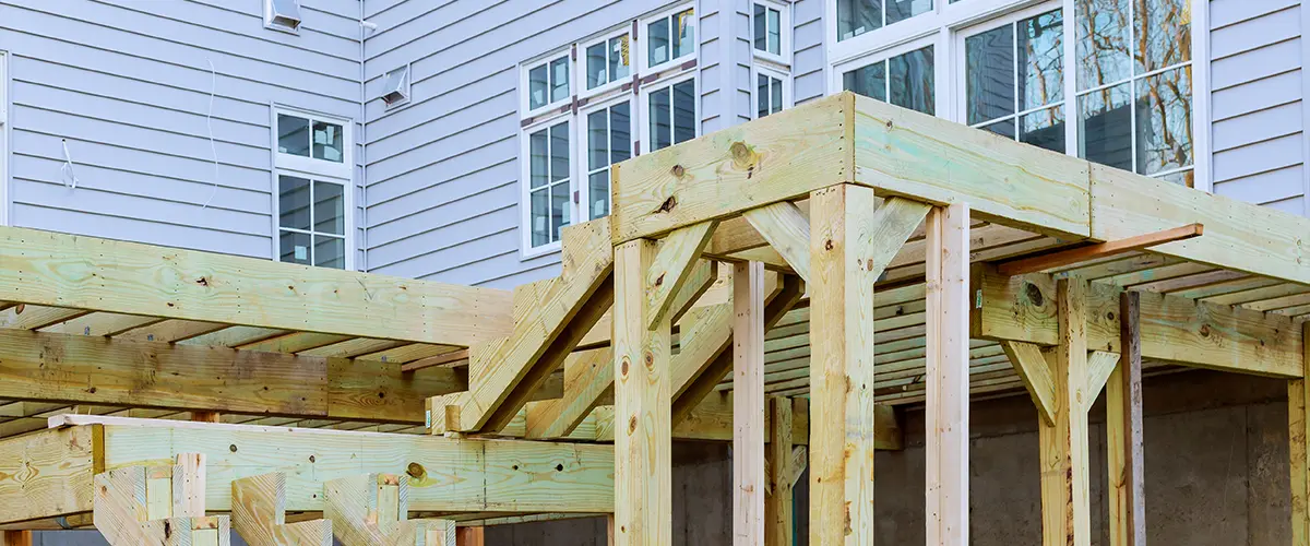 A wood frame for an elevated deck
