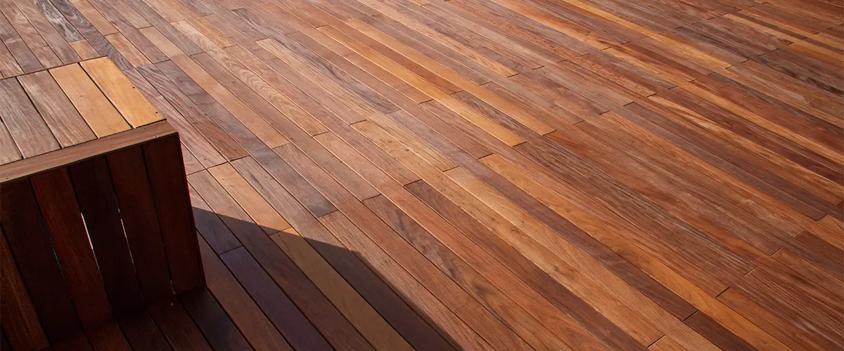 Wood decking with built-in bench