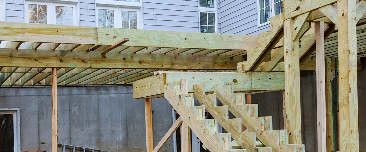 A pressure treated wood frame for an elevated deck