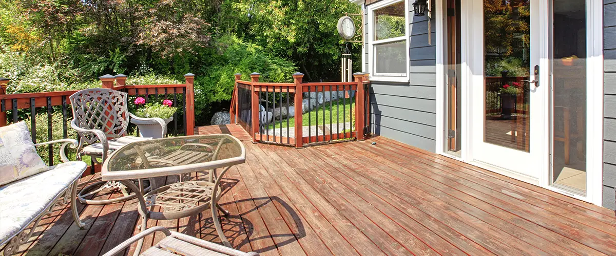 Dated wood decking with wood rails