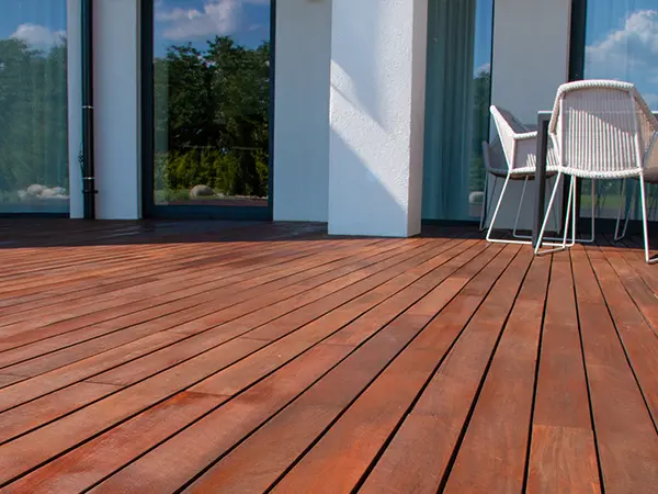 Wood decking with plastic chairs