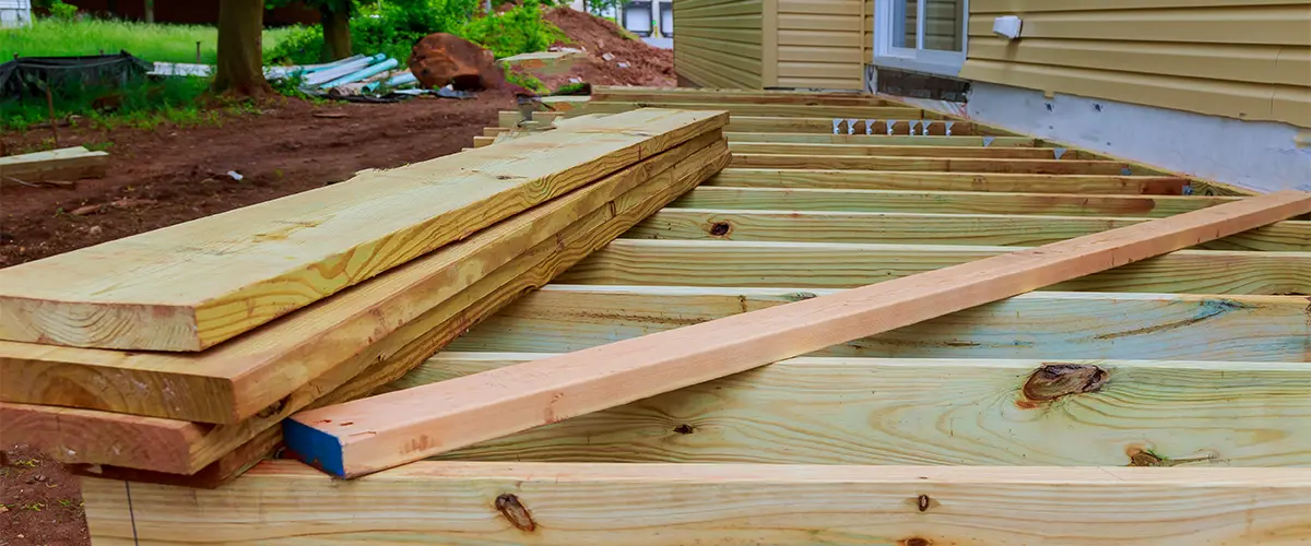 A deck frame made of pressure treated wood