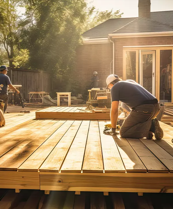 Deck building, carpenter installing a wooden deck