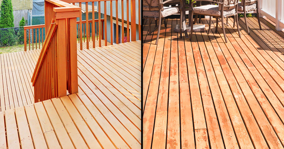 Side-by-side comparison of a redwood deck on the left and a cedar wood deck on the right, highlighting differences in color and texture