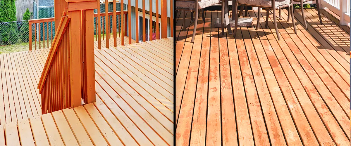 Side-by-side comparison of a redwood deck on the left and a cedar wood deck on the right, highlighting differences in color and texture