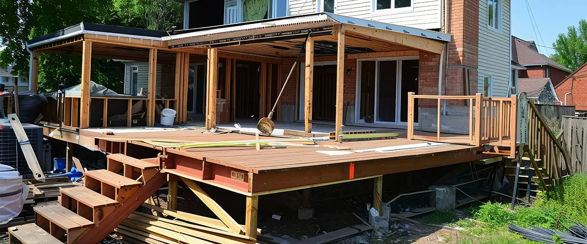 Residential home with an unfinished backyard deck under construction on a sunny day.