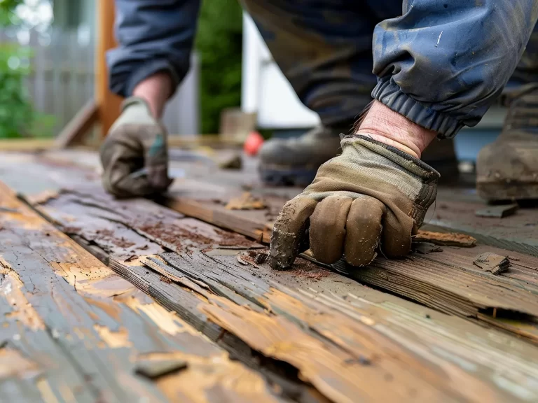 Close-up of gloved hands removing rotted wood during a deck repair